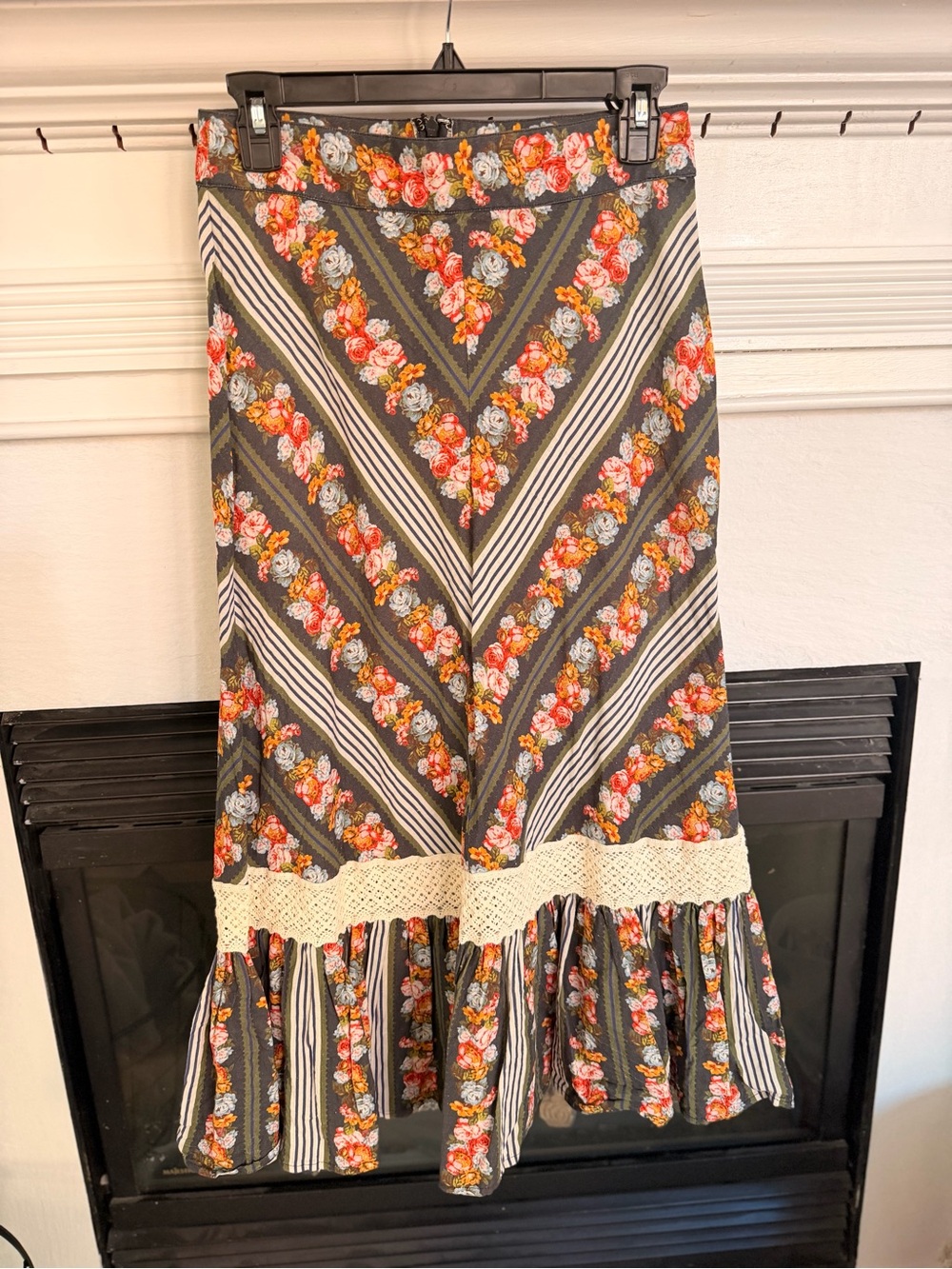Manoush Boho Floral Chevron Maxi Skirt with Crochet Trim - Olive Floral